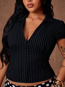 Rustia Camisa de manga corta con solapa de ajuste ceñido, diseño nuevo de verano, botones, versátil, de tacto premium, a rayas negras - Negro - Ver 1