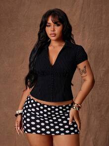 Rustia Camisa de manga corta con solapa de ajuste ceñido, diseño nuevo de verano, botones, versátil, de tacto premium, a rayas negras - Negro - Ver 5