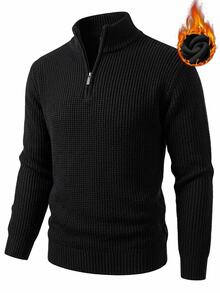 Manfinity CasualKnits 男士鳳梨針織抓絨半拉鍊毛衣 - 黑色 - 查看 2
