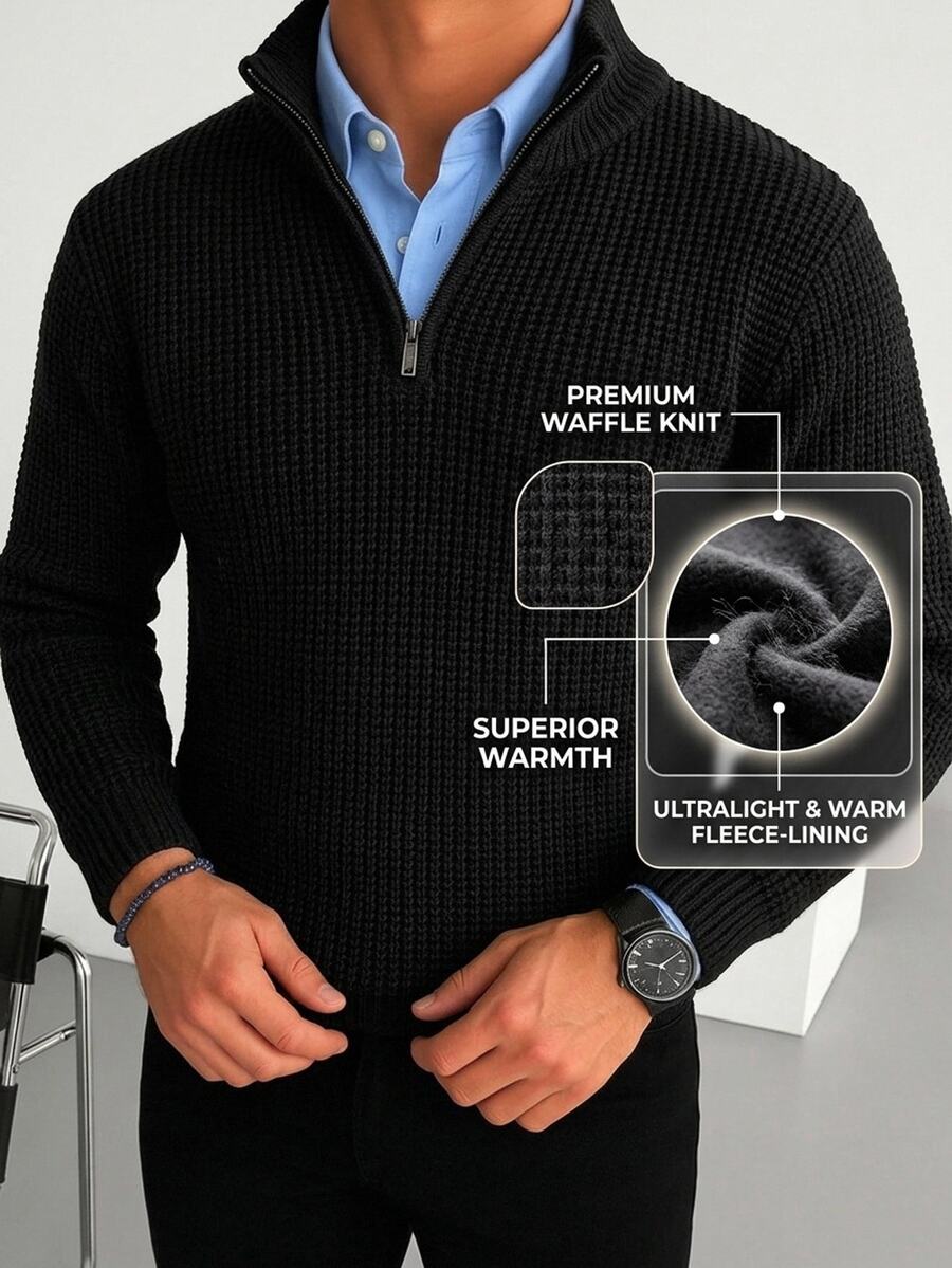 Manfinity CasualKnits 男士鳳梨針織抓絨半拉鍊毛衣 - 黑色 - 查看 1