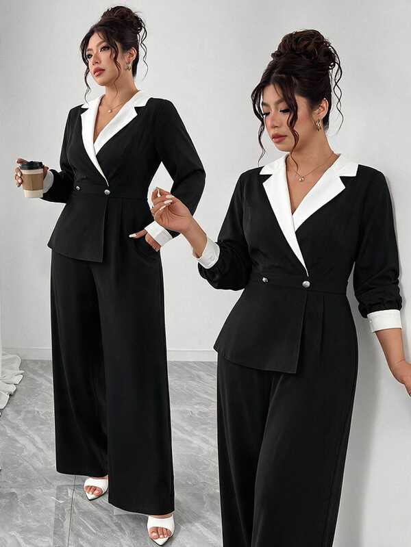 Elenzga Plus Size Elegant Shawl Collar Black & White Contrast Lantern Sleeve Button Decor Back Zipper Blazer Style With Pockets Wide Leg Pants Jumpsuit