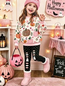 SHEIN 萬聖節女童幼兒清新時尚彩色可愛南瓜裝飾基礎圓領運動衫與內搭褲2件套假期套裝花卉格紋 - 彩色 - 查看 1