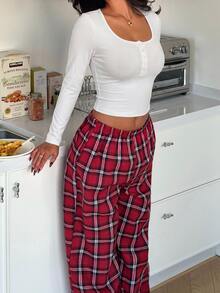 ZzzCrew Damen 2-teiliges Set mit figurbetonendem Loungewear-Oberteil mit quadratischem Ausschnitt und karierten Loungewear-Hosen - Verschiedenfarbig - Übersicht 5