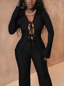 Slaydiva 2pcs/Set Tie Front Shirt Solid Color Flared Pants Set Night Out Club Black Autumn Sexy - Black - View 8
