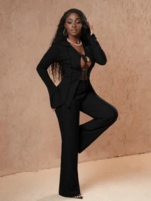 Slaydiva 2pcs/Set Tie Front Shirt Solid Color Flared Pants Set Night Out Club Black Autumn Sexy - Black - View 5