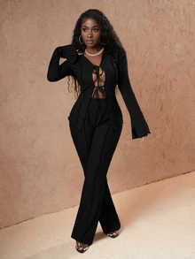 Slaydiva 2pcs/Set Tie Front Shirt Solid Color Flared Pants Set Night Out Club Black Autumn Sexy - Black - View 7