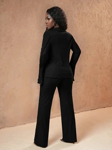 Slaydiva 2pcs/Set Tie Front Shirt Solid Color Flared Pants Set Night Out Club Black Autumn Sexy - Black - View 3