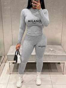 Slaydiva Women's Grey Autumn Casual Streetwear Graphic 2 Pieces Set Minimalist Letter Print Long Sleeve Tight Fit T-Shirt Leggings Lounge Set Everyday - Light Grey - View 2