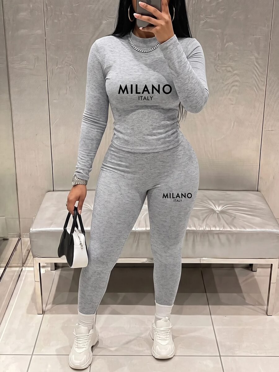 Slaydiva Women's Grey Autumn Casual Streetwear Graphic 2 Pieces Set Minimalist Letter Print Long Sleeve Tight Fit T-Shirt Leggings Lounge Set Everyday