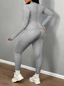 Slaydiva Women's Grey Autumn Casual Streetwear Graphic 2 Pieces Set Minimalist Letter Print Long Sleeve Tight Fit T-Shirt Leggings Lounge Set Everyday - Light Grey - View 5