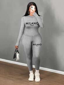 Slaydiva Women's Grey Autumn Casual Streetwear Graphic 2 Pieces Set Minimalist Letter Print Long Sleeve Tight Fit T-Shirt Leggings Lounge Set Everyday - Light Grey - View 4