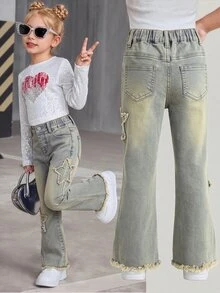 Young Girls Jeans, Daily Sweet Cute Comfortable Item, Light Blue Washed With Snow Wash Design, Structural Star Frayed Patch Embroidery, Elastic Waist, Slim Fit High Stretch Flare Denim Pants - Medium Wash - View 8