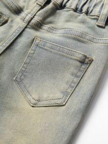 Young Girls Jeans, Daily Sweet Cute Comfortable Item, Light Blue Washed With Snow Wash Design, Structural Star Frayed Patch Embroidery, Elastic Waist, Slim Fit High Stretch Flare Denim Pants - Medium Wash - View 4