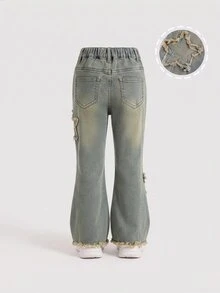 Young Girls Jeans, Daily Sweet Cute Comfortable Item, Light Blue Washed With Snow Wash Design, Structural Star Frayed Patch Embroidery, Elastic Waist, Slim Fit High Stretch Flare Denim Pants - Medium Wash - View 2