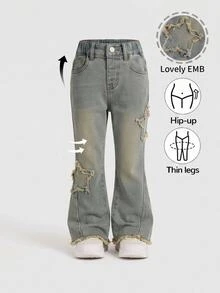 Young Girls Jeans, Daily Sweet Cute Comfortable Item, Light Blue Washed With Snow Wash Design, Structural Star Frayed Patch Embroidery, Elastic Waist, Slim Fit High Stretch Flare Denim Pants - Medium Wash - View 1