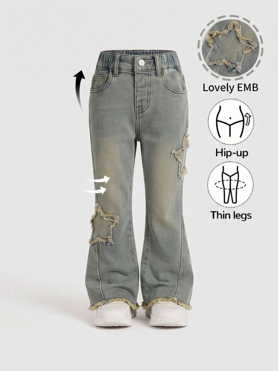 Young Girls Jeans, Daily Sweet Cute Comfortable Item, Light Blue Washed With Snow Wash Design, Structural Star Frayed Patch Embroidery, Elastic Waist, Slim Fit High Stretch Flare Denim Pants - Medium Wash - View 1