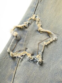Young Girls Jeans, Daily Sweet Cute Comfortable Item, Light Blue Washed With Snow Wash Design, Structural Star Frayed Patch Embroidery, Elastic Waist, Slim Fit High Stretch Flare Denim Pants - Medium Wash - View 3
