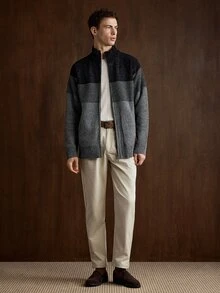 Manfinity Homme 男士條紋拉鍊長袖開襟毛衣 - 黑色 - 查看 5