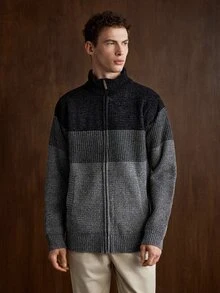 Manfinity Homme 男士條紋拉鍊長袖開襟毛衣 - 黑色 - 查看 2
