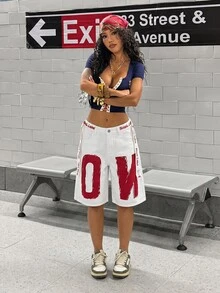 StreetHx Women's Letter Print Pocket Bermuda Denim Shorts Rave Night Club White Red Summer Y2k - White - View 4