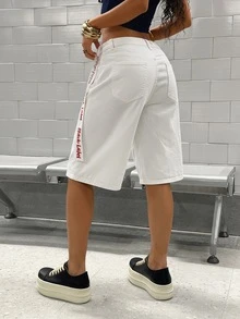 StreetHx Women's Letter Print Pocket Bermuda Denim Shorts Rave Night Club White Red Summer Y2k - White - View 2
