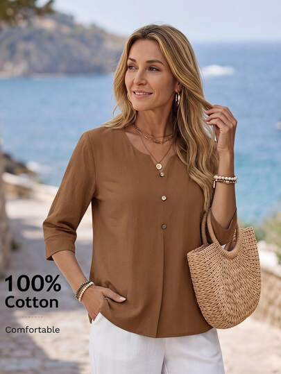 Faunlyn Women's Minimalist Casual Notch V-Neck Button Shirt
