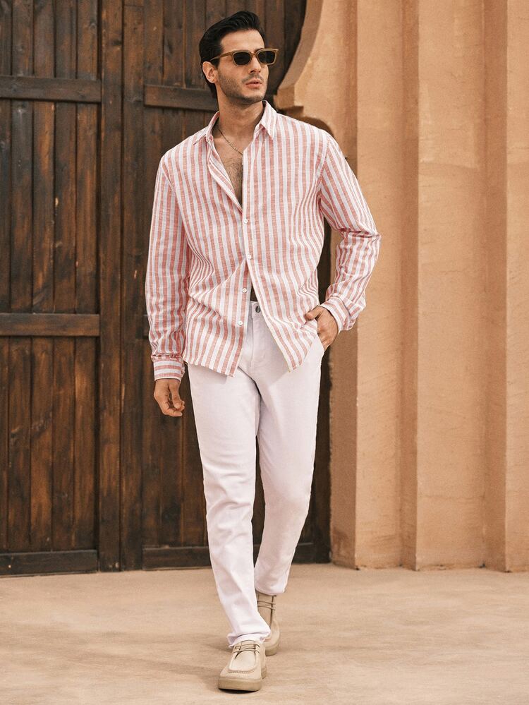 HIMLAND Men's Pale Yellow Relaxed Fit Long Sleeve Button-Up With Rolled Cuffs & Deep Open Neckline. Woven Fabric With Soft Drape. Sunny Resort Lay - Pink - View 5