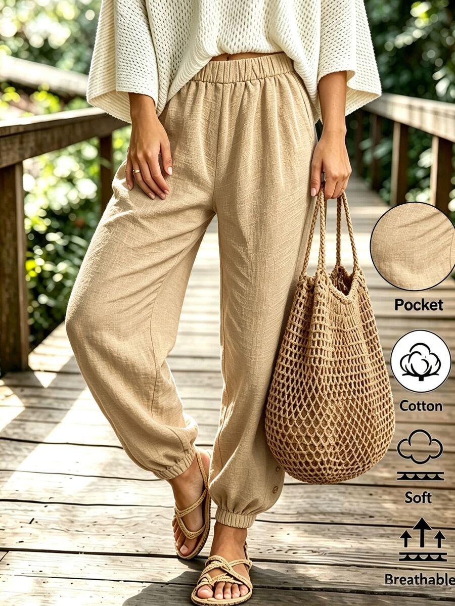 SHEIN Khaki Washed Crinkled Fabric Full Elastic Wide Waist Loose ...