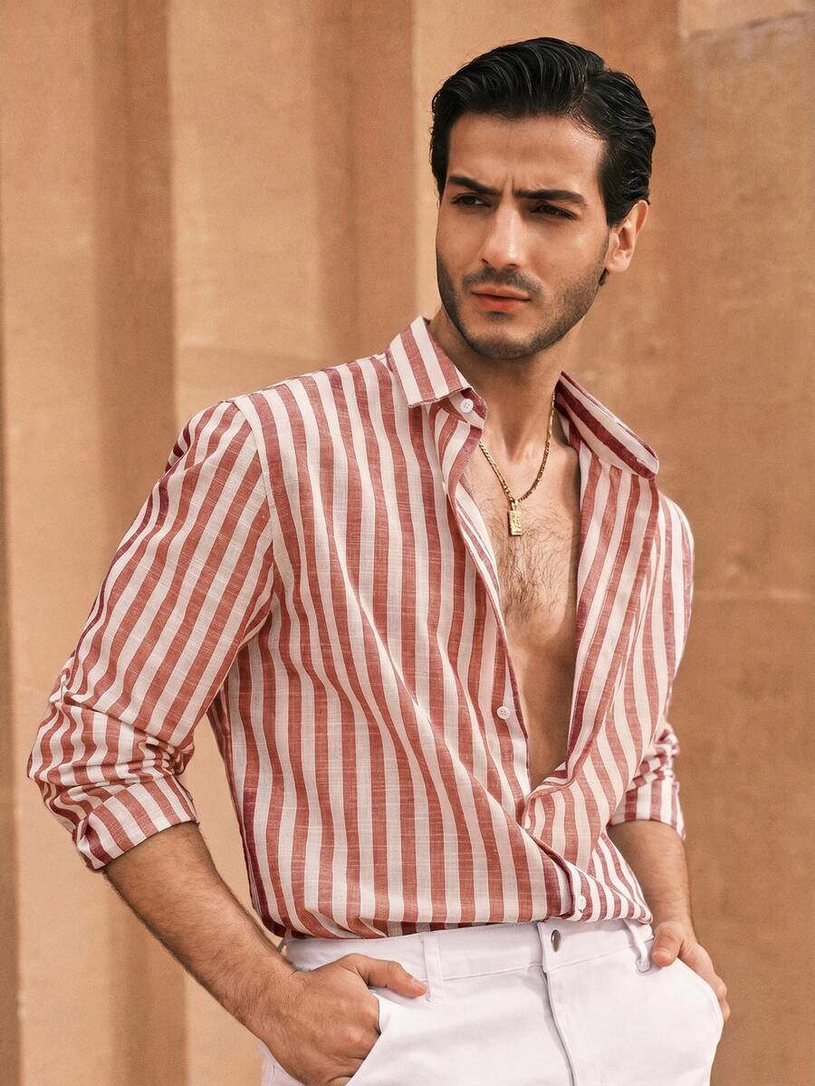 HIMLAND Men's Pale Yellow Relaxed Fit Long Sleeve Button-Up With Rolled Cuffs & Deep Open Neckline. Woven Fabric With Soft Drape Halloween Winter Autumn - Red - View 1