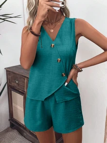 EMERY ROSE Women's Casual Summer Vacation & Commute Solid Color Wrap Button Sleeveless Top And Shorts 2-Piece Set - Teal Blue - View 7