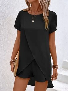 EMERY ROSE Shorts con top unicolor bajo cruzado - Negro - Ver 7