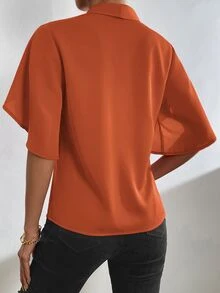 EMERY ROSE Solid Petal Sleeve V Neck Blouse - Burnt Orange - View 2