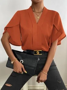 EMERY ROSE Solid Petal Sleeve V Neck Blouse - Burnt Orange - View 7