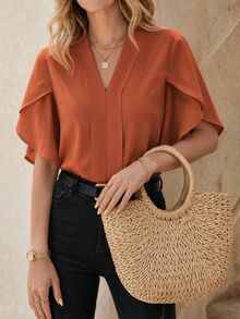 EMERY ROSE Solid Petal Sleeve V Neck Blouse - Burnt Orange - View 1