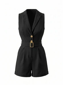 EMERY ROSE Women's Elegant Black Gold Summer Casual Sleeveless Lapel Collar Metal Buckle Cinched Waist Cuffed Shorts Rompers Business Brunch Jumpsuit Outfit - Black - View 2