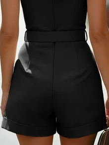 EMERY ROSE Women's Elegant Black Gold Summer Casual Sleeveless Lapel Collar Metal Buckle Cinched Waist Cuffed Shorts Rompers Business Brunch Jumpsuit Outfit - Black - View 5