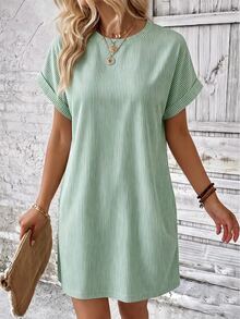 EMERY ROSE Women's Striped Crew Neck Casual Daily Wear Dress - Green - View 4