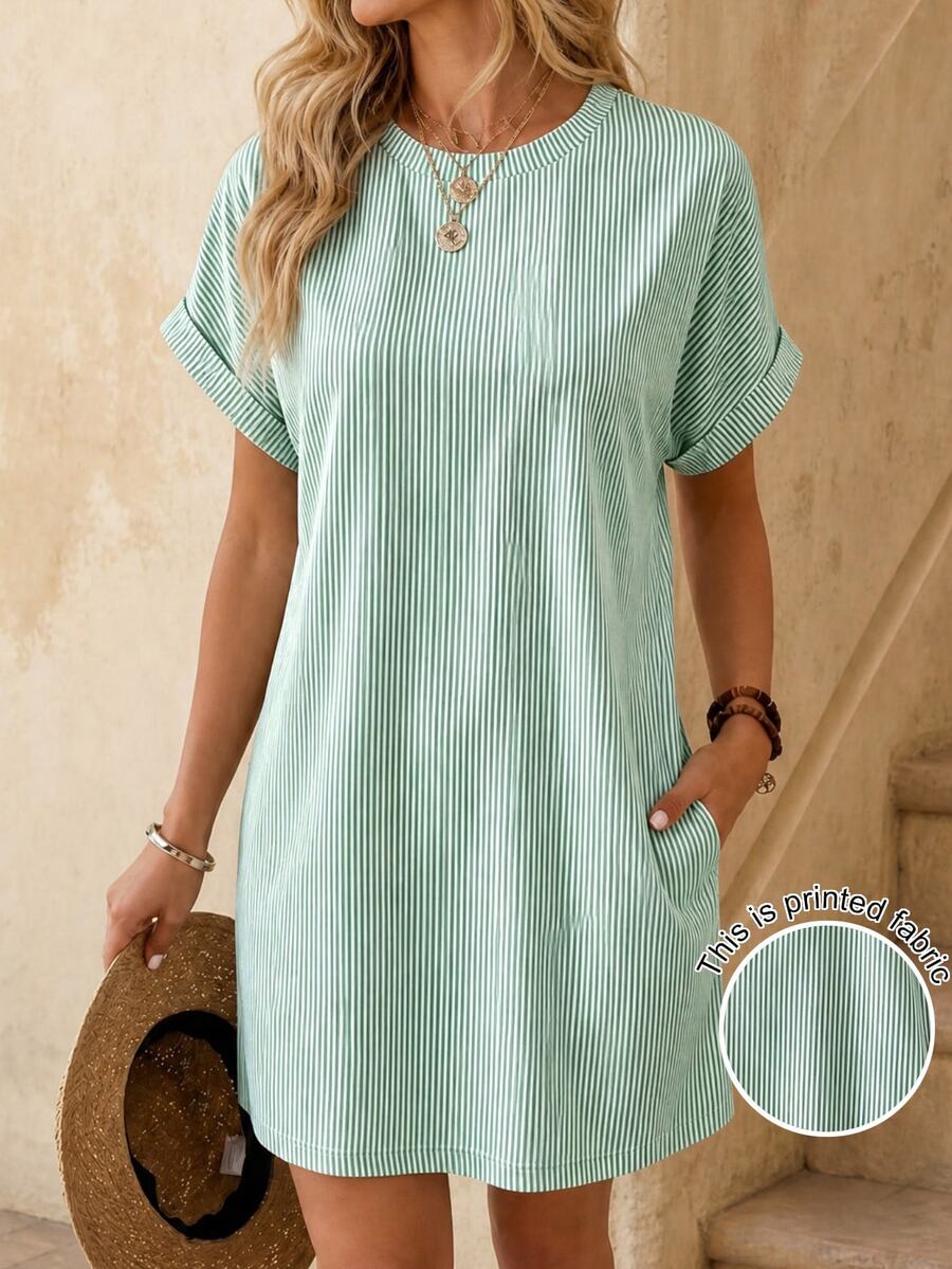 EMERY ROSE Women's Striped Crew Neck Casual Daily Wear Dress - Green - View 1