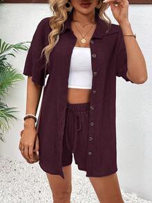 EMERY ROSE Casual Burgundy Woven Two-Piece Set For Women Short Sleeve Collar Blouse And Drawstring Shorts Effortless Style Beach Summer - Red Violet - View 6