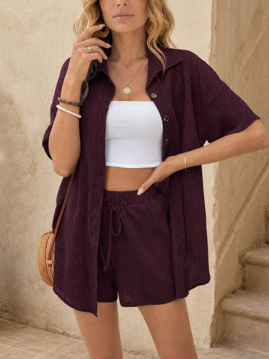 EMERY ROSE Casual Burgundy Woven Two-Piece Set For Women Short Sleeve Collar Blouse And Drawstring Shorts Effortless Style Beach Summer - Red Violet - View 1