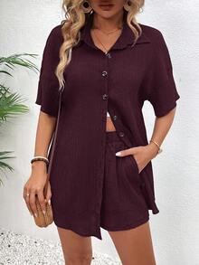 EMERY ROSE Casual Burgundy Woven Two-Piece Set For Women Short Sleeve Collar Blouse And Drawstring Shorts Effortless Style Beach Summer - Red Violet - View 5