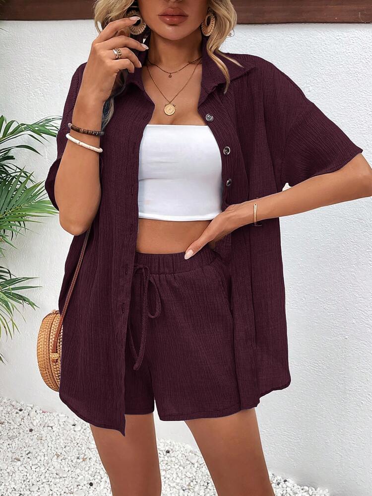 EMERY ROSE Casual Burgundy Woven Two-Piece Set For Women Short Sleeve Collar Blouse And Drawstring Shorts Effortless Style Beach Summer - Red Violet - View 3
