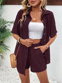 EMERY ROSE Casual Burgundy Woven Two-Piece Set For Women Short Sleeve Collar Blouse And Drawstring Shorts Effortless Style Beach Summer - Red Violet - View 7