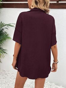 EMERY ROSE Casual Burgundy Woven Two-Piece Set For Women Short Sleeve Collar Blouse And Drawstring Shorts Effortless Style Beach Summer - Red Violet - View 2