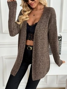 EMERY ROSE Women's Brown V-Neck Simple Fashion Versatile Floral Knit Cardigan - Brown - View 4