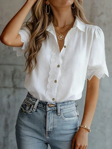 EMERY ROSE Women's White Contrast Lace Front Button Short Sleeve Blouse - White - View 4