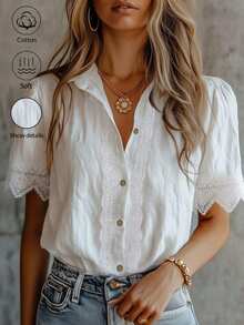 EMERY ROSE Women's White Contrast Lace Front Button Short Sleeve Blouse - White - View 3