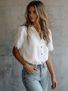 EMERY ROSE Women's White Contrast Lace Front Button Short Sleeve Blouse - White - View 6