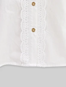 EMERY ROSE Women's White Contrast Lace Front Button Short Sleeve Blouse - White - View 8