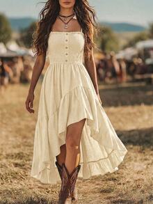 EMERY ROSE Bohemian Style Casual Vacation Front Short Back Long Cinched Waist Women's Mid-Length Dress - Apricot - View 3